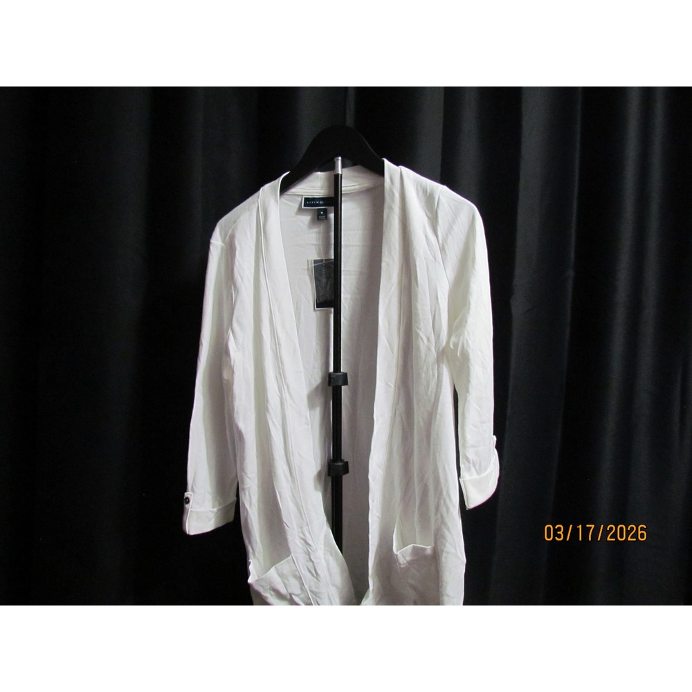 Karen Scott White Open Front Cardigan 3/4 Sleeve Button Cuff Pockets Size M NWT